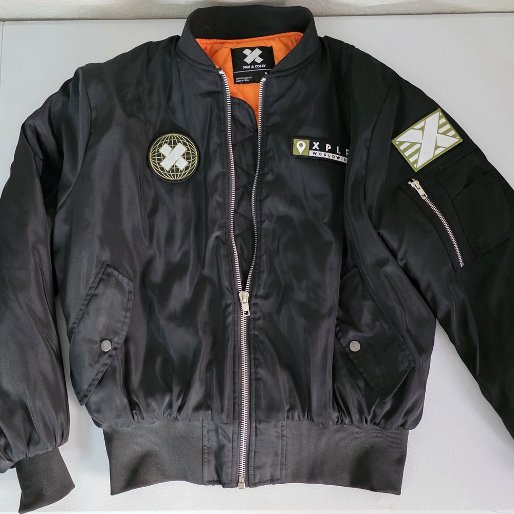 Sam And Colby XPLR Rare Bomber Jacket with Orange Accents and Military Style Med